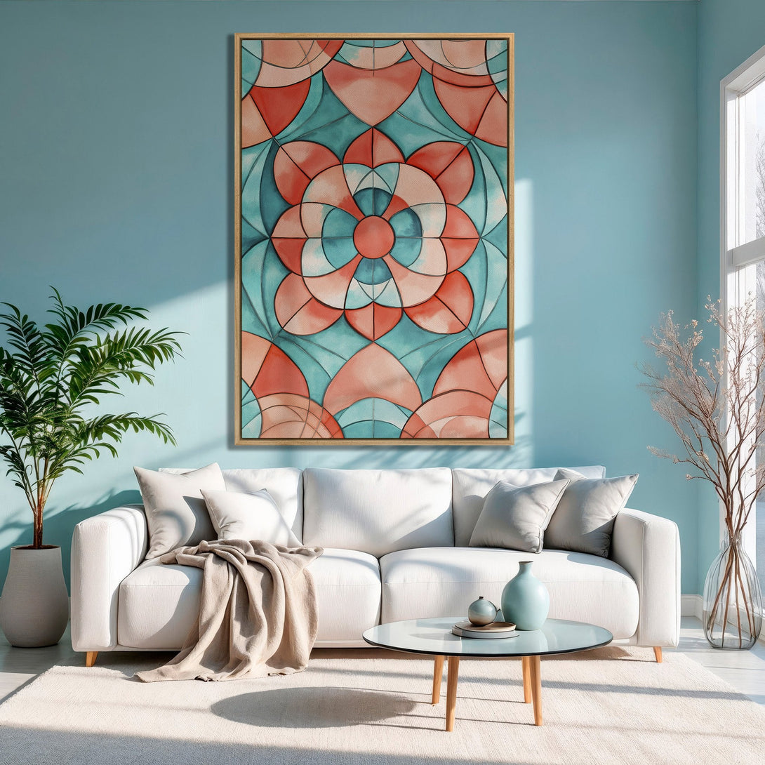Framed Wall Art: Abstract floral design in coral and teal, adding a pop of color to a modern living room. Elevate your space with this stylish canvas print.