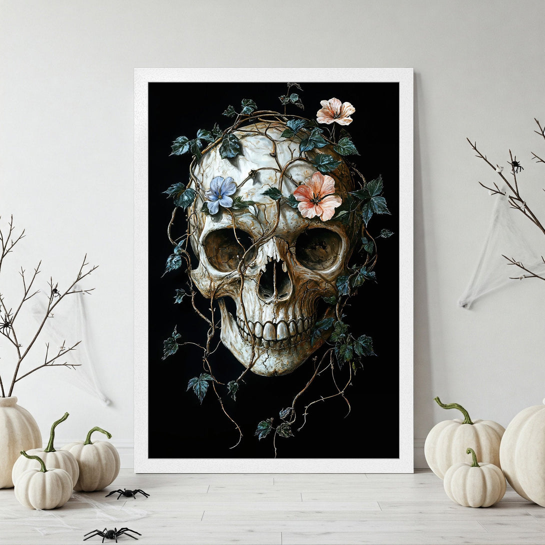 Framed Poster featuring a skull with floral vines, black background, and a moody color palette. Perfect for Halloween decor!