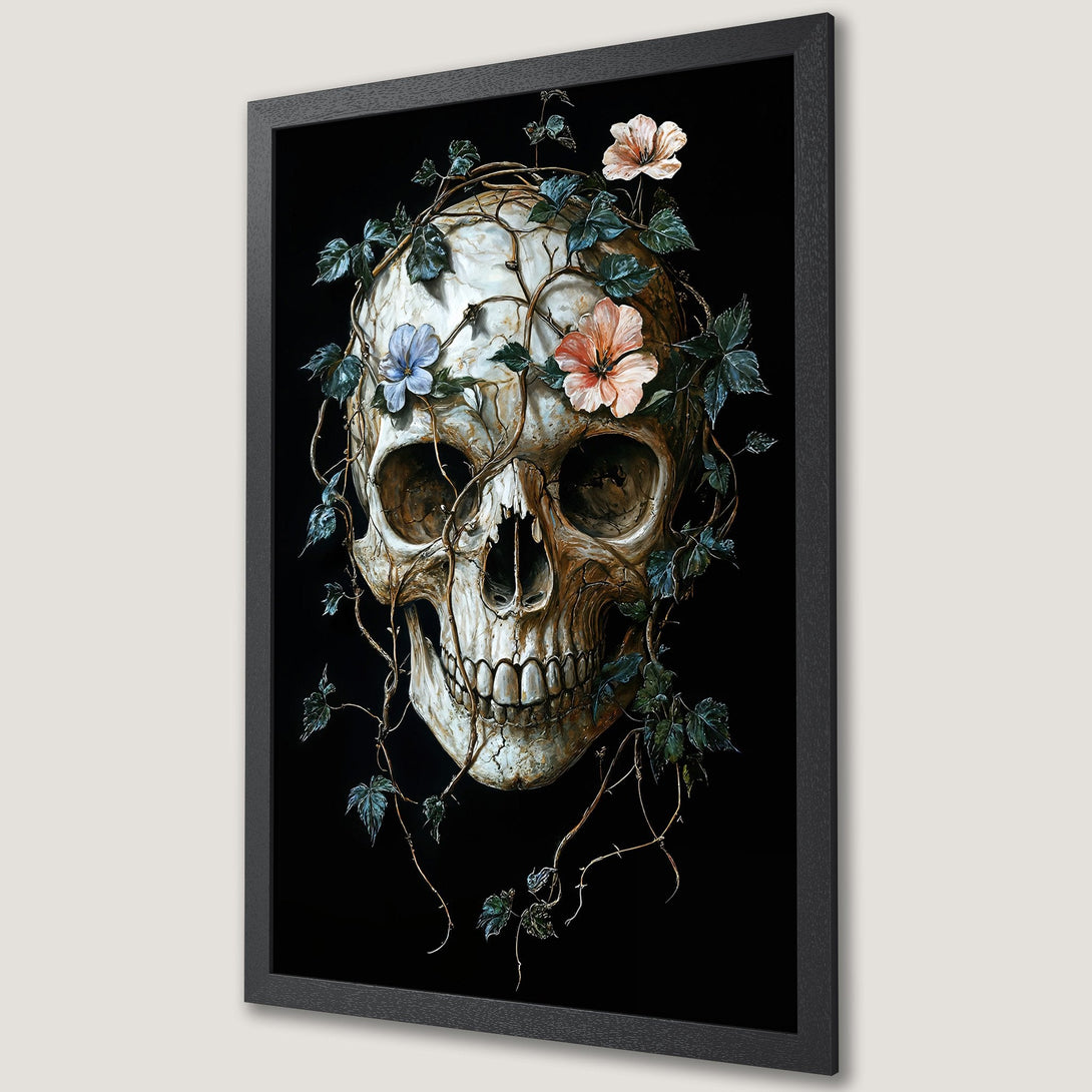 Framed Poster featuring a skull with floral vines, dark & moody style, black, white, and muted floral colors. Perfect gothic decor.
