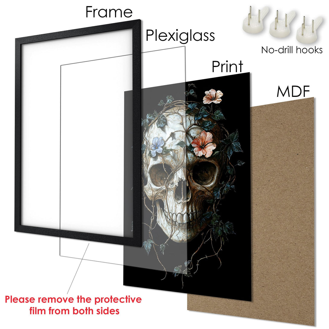 Framed Poster featuring a skull with floral accents, dark and moody style, earthy tones. Perfect wall art!