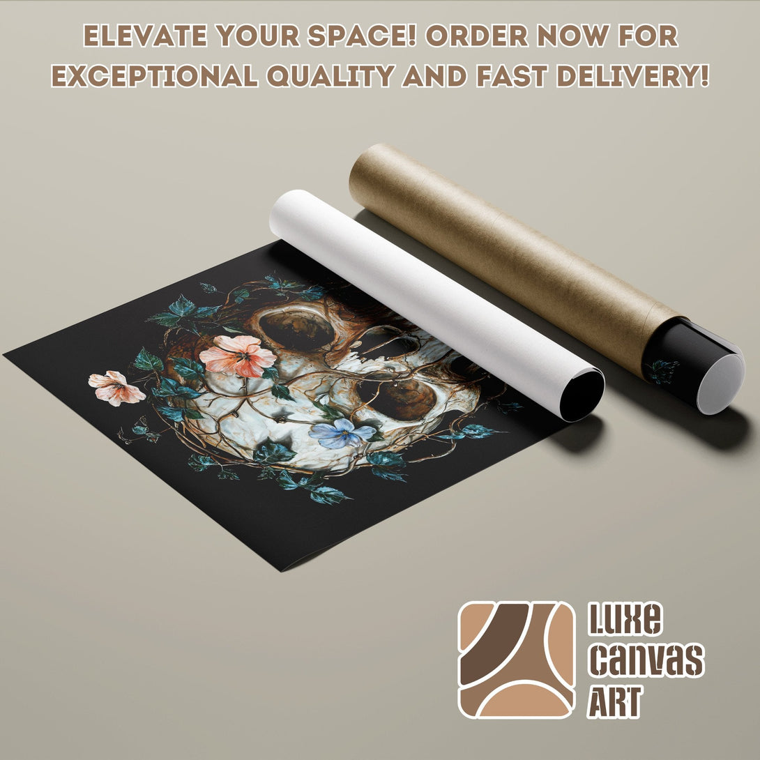 Skull Poster Roll with floral accents, dark & neutral color palette. Elevate your space!