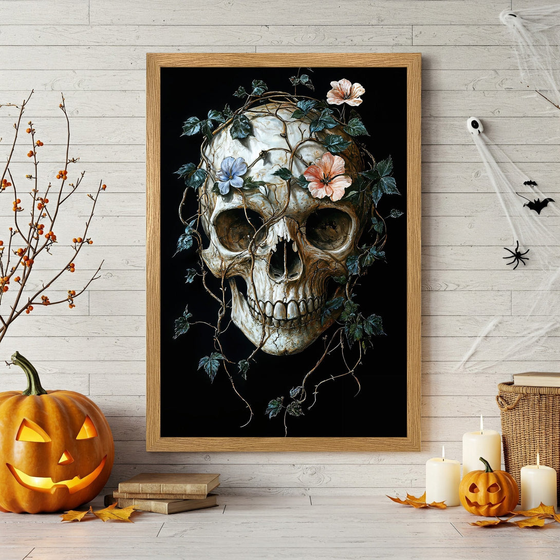 Framed Poster featuring a skull with floral accents, dark background, and a warm color palette. Perfect Halloween decor!