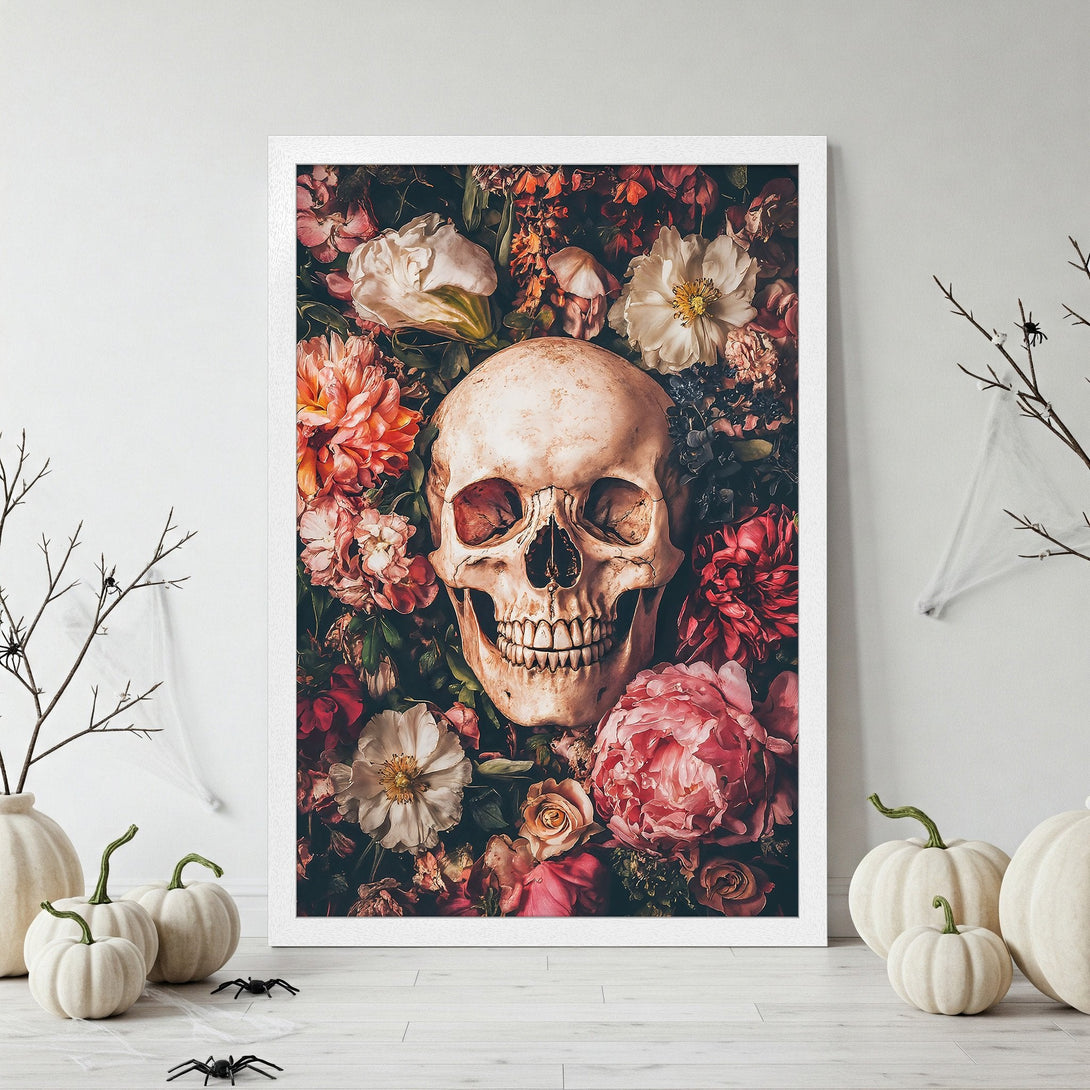 Framed Poster featuring a skull and floral arrangement, dark and moody style, with a red and pink color palette. Perfect Halloween decor!