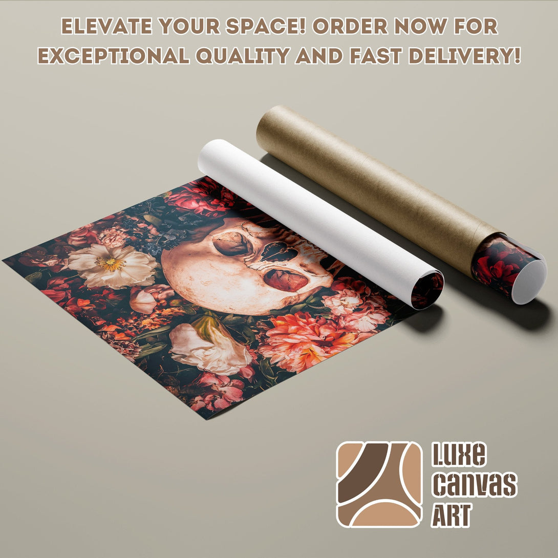 Poster Roll featuring a skull and floral design, dark and moody color palette. Elevate your space!