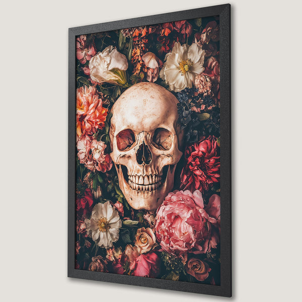 Framed Poster featuring a skull surrounded by flowers. Dark, moody aesthetic with a vintage color palette of red, pink, and cream. Perfect for gothic decor.