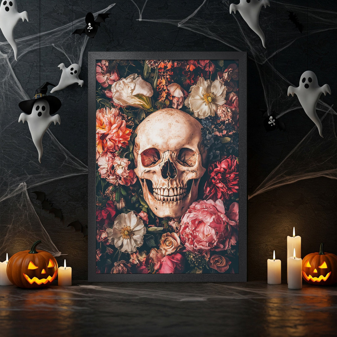 Framed Poster featuring a skull and floral design. Dark, gothic style with a moody, vintage color palette perfect for Halloween decor.