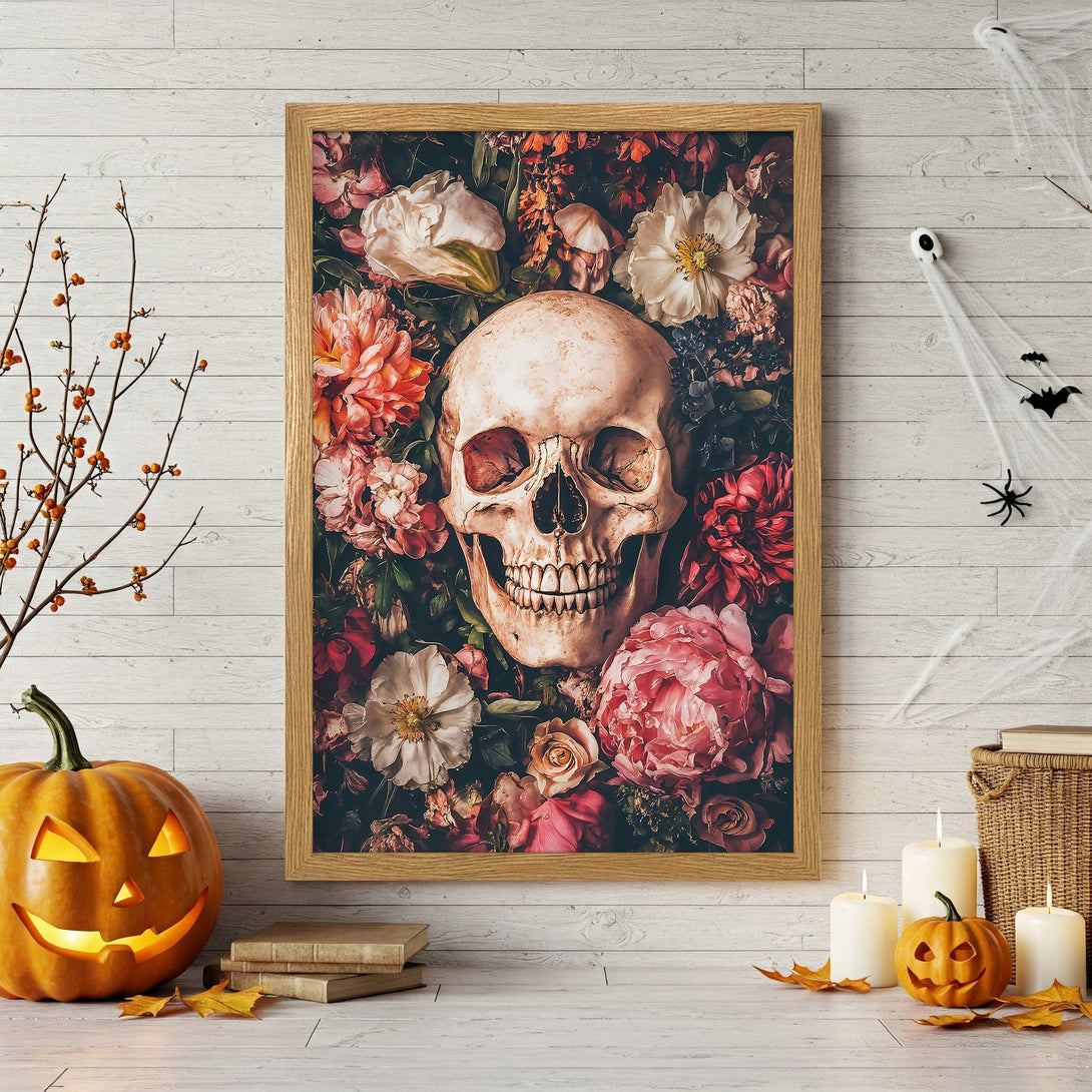Framed Poster featuring a skull surrounded by flowers, dark & moody style, with a vintage color palette perfect for Halloween decor.