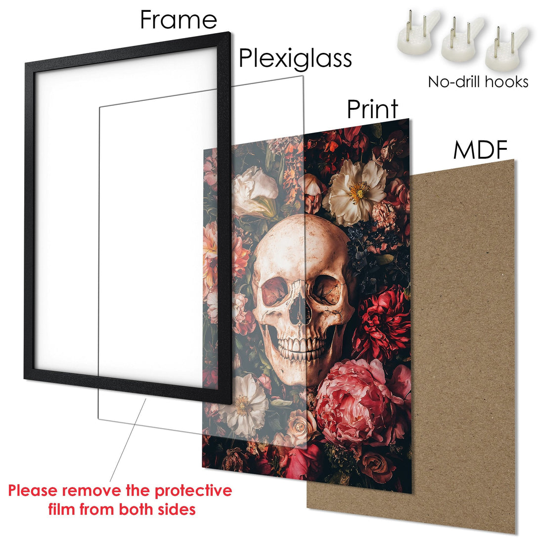Framed Poster featuring a skull and floral design in a dark, moody color palette. Perfect for gothic decor.