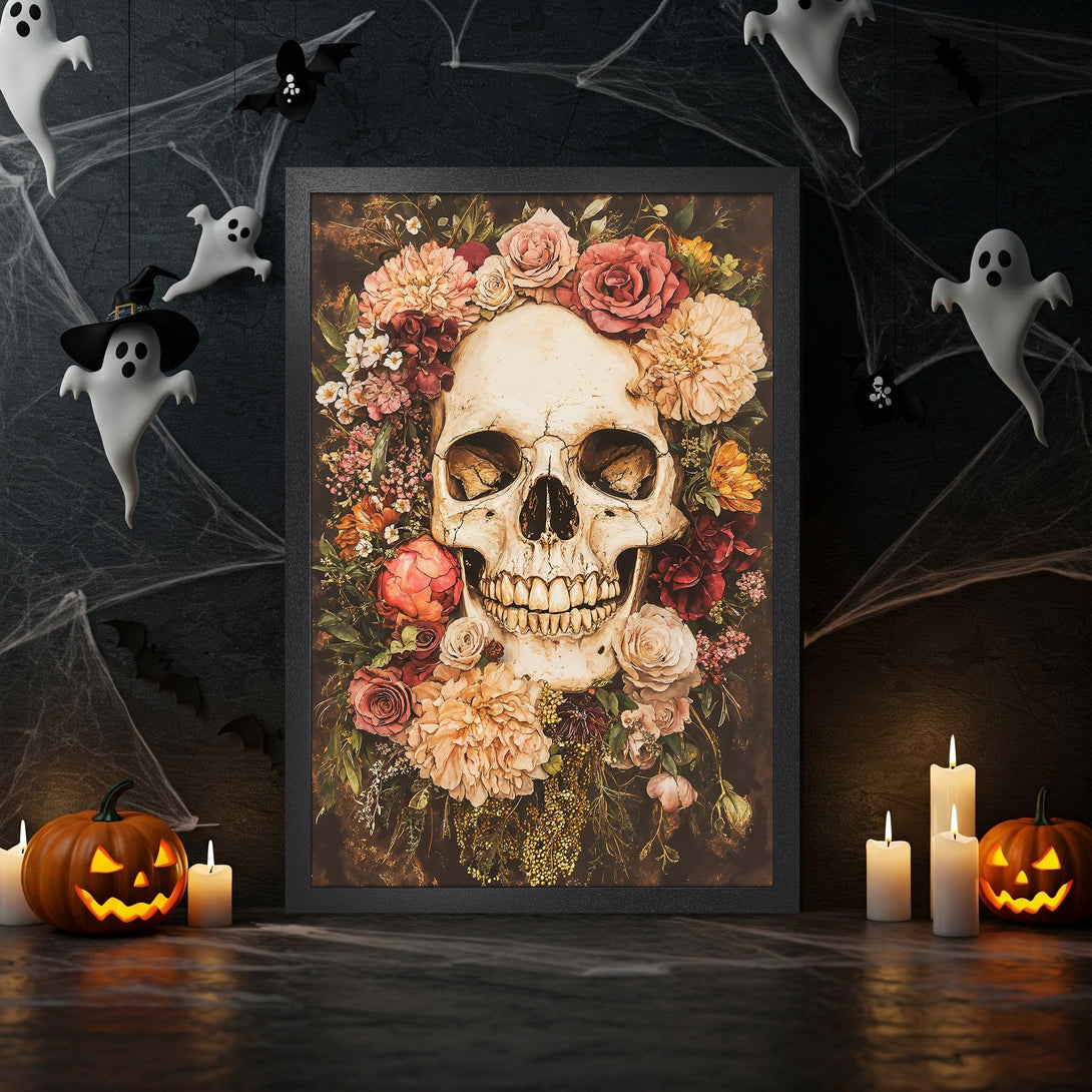 Framed Poster featuring a skull with floral crown, dark and moody style, rich red and beige color palette, perfect for Halloween decor.