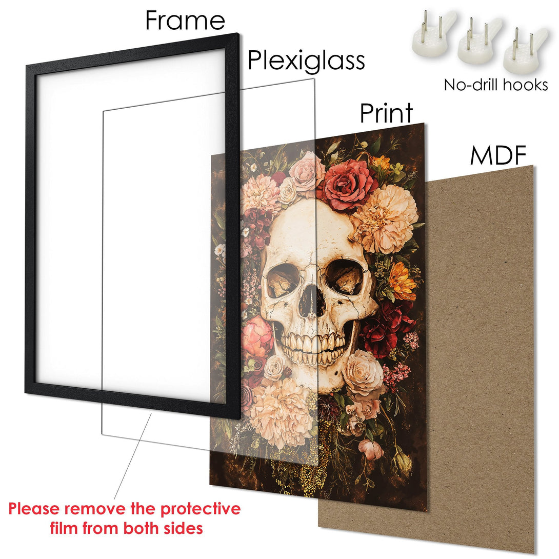 Framed Poster featuring a skull and floral design. Artistic style with a warm, dark color palette. Ready to hang!