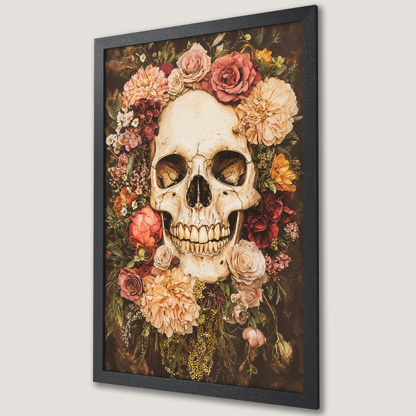 Framed Poster featuring a skull surrounded by flowers, dark and moody style with a vintage color palette. Perfect wall art!