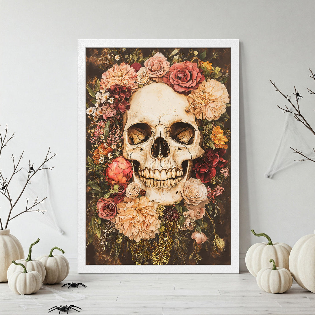 Framed Poster featuring a skull surrounded by flowers. Dark and moody style with a warm, autumnal color palette. Perfect Halloween decor!