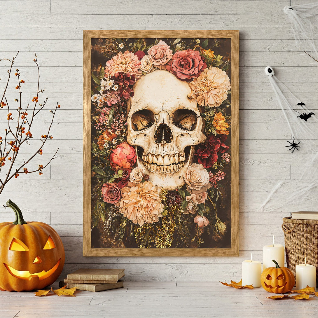 Framed Poster featuring a skull with floral crown. Gothic style, warm color palette perfect for Halloween decor.