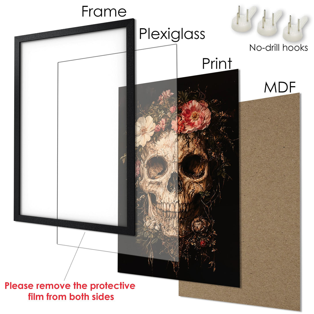 Framed Poster featuring a skull with floral elements, dark and moody style, rich color palette. Perfect wall art!