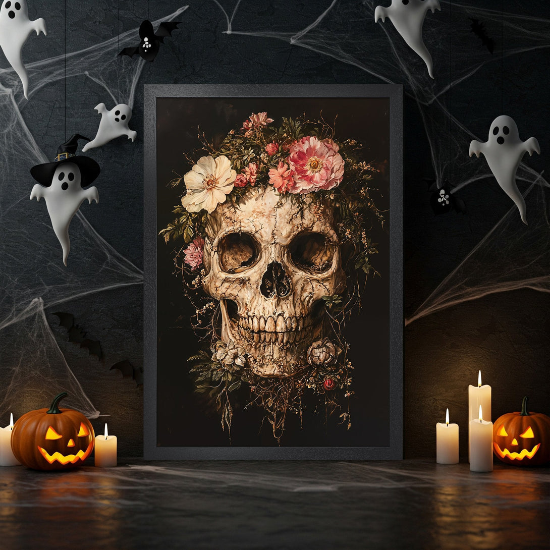 Framed Poster featuring a skull with floral crown, dark & moody style, black, cream, and pink color palette. Perfect Halloween decor!