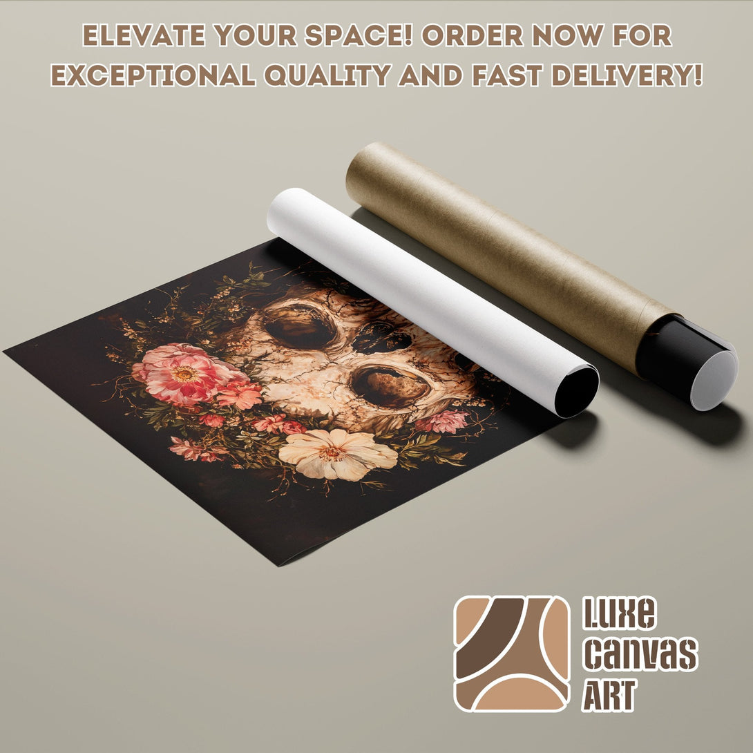 Floral skull art poster roll, dark and moody style, with a brown and pink color palette.