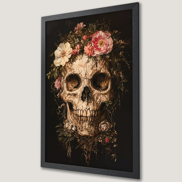Framed Poster featuring a skull with floral crown, dark & moody style, earthy tones with pops of pink & cream. Perfect gothic decor.