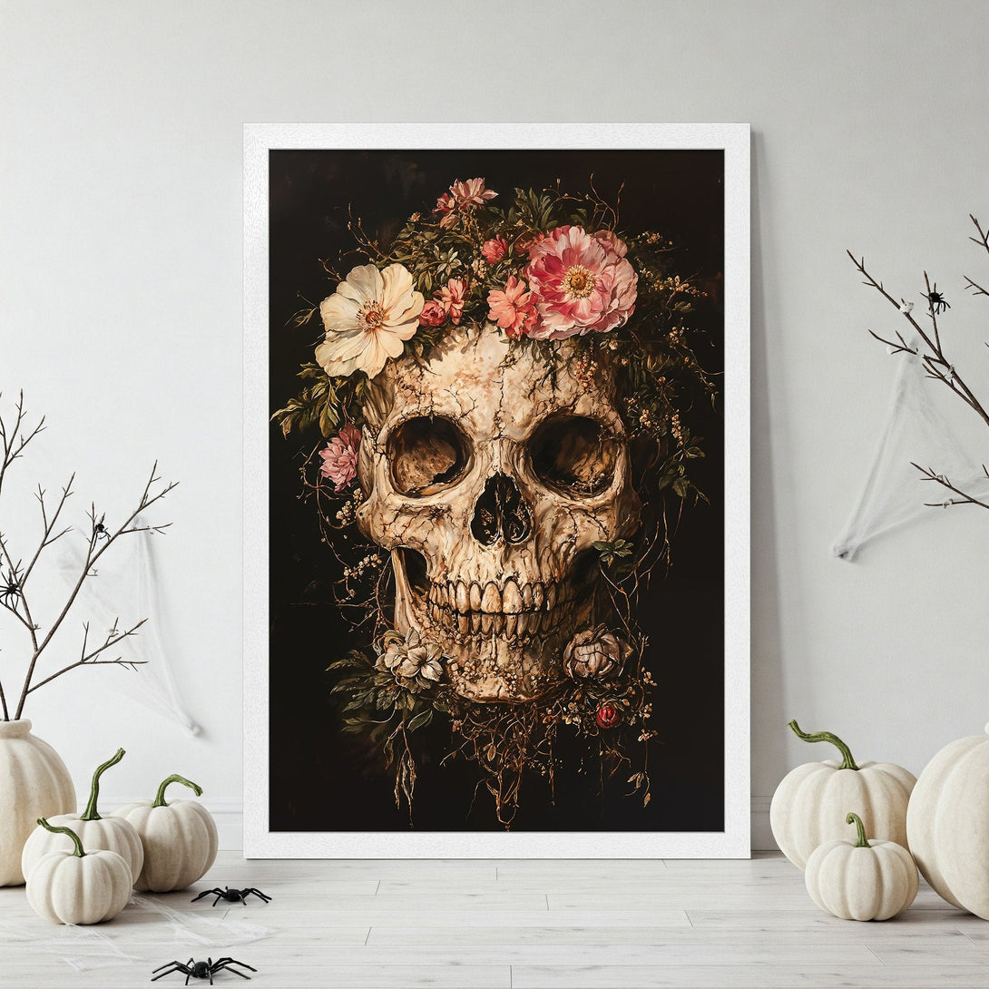Framed Poster featuring a skull with floral crown. Dark, gothic style with cream, pink, and black color palette. Perfect Halloween decor.