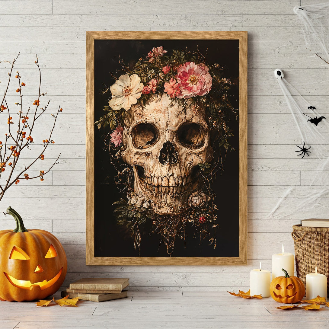 Framed Poster featuring a skull with flowers in a dark, vintage style. Perfect Halloween decor, with a moody color palette.
