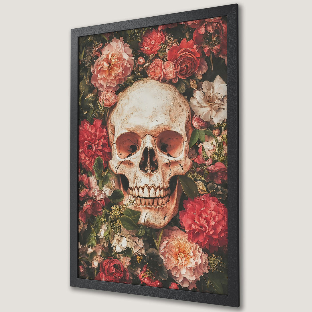 Framed Poster featuring a skull surrounded by flowers in a vintage style. Red, pink, and cream color palette. Perfect for gothic decor.