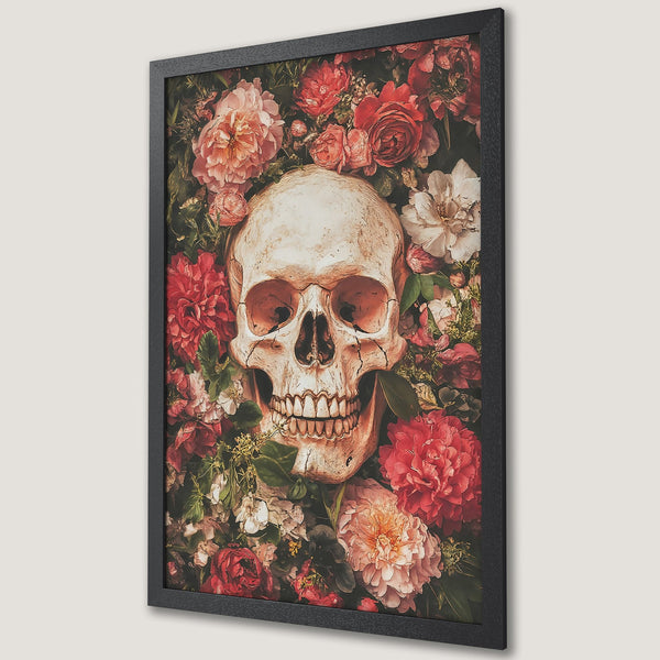 Framed Poster featuring a skull surrounded by flowers in a vintage style. Red, pink, and cream color palette. Perfect for gothic decor.