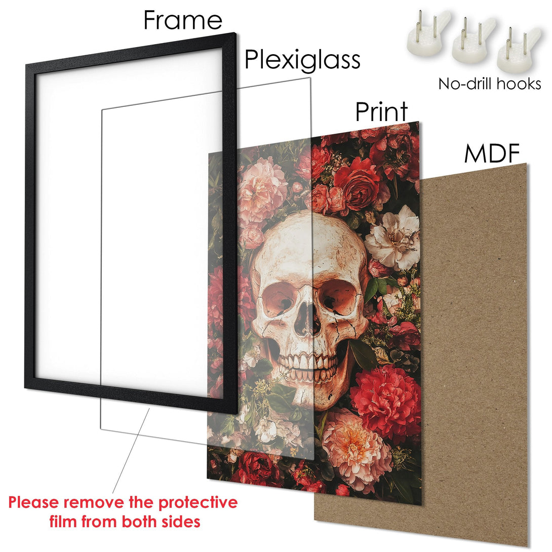 Framed Poster featuring a skull and floral design, dark and moody style with a red and beige color palette. Perfect wall art!