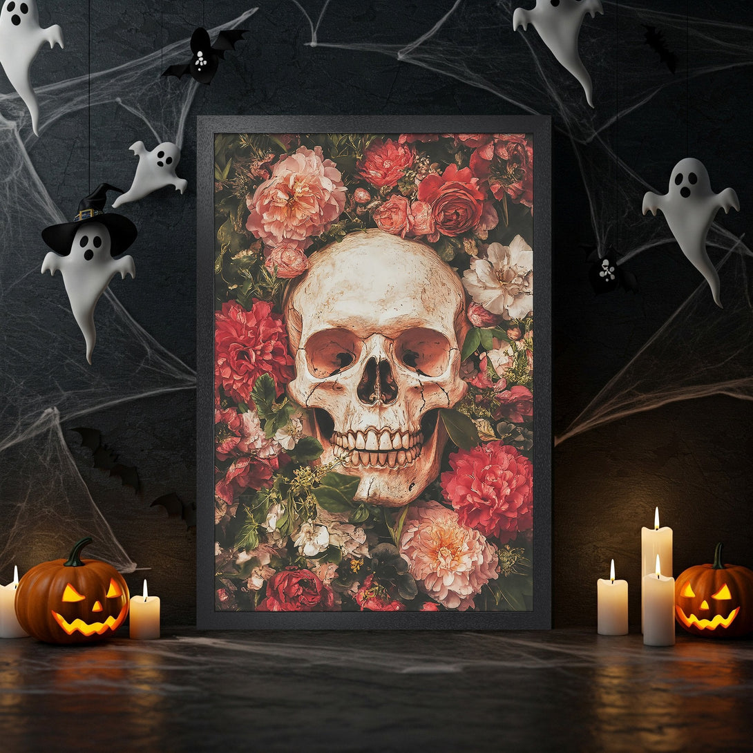 Framed Poster featuring a skull surrounded by flowers. Gothic style, red, cream, and black color palette, perfect Halloween decor.