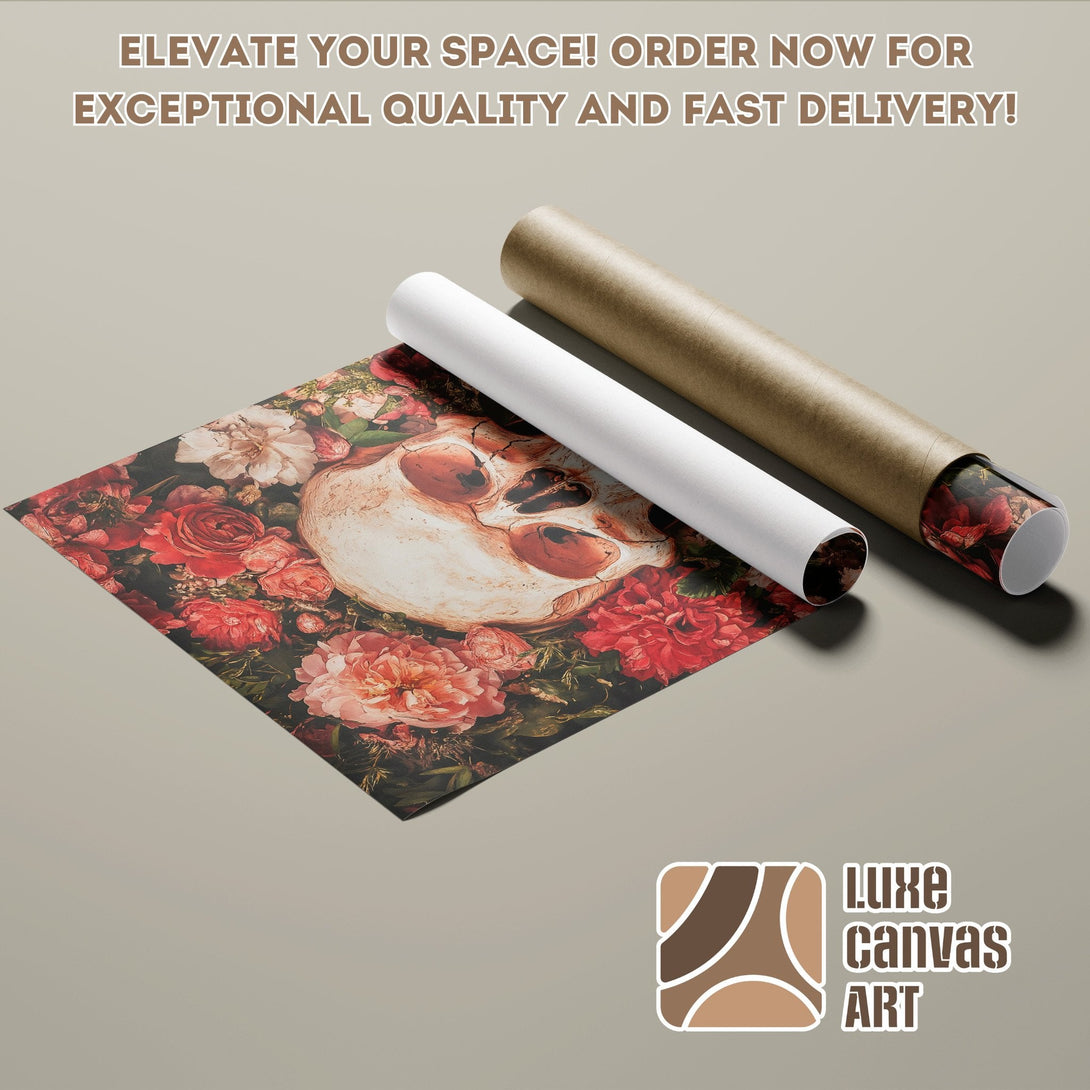 Poster Roll featuring a skull and floral design in a dark, moody color palette.