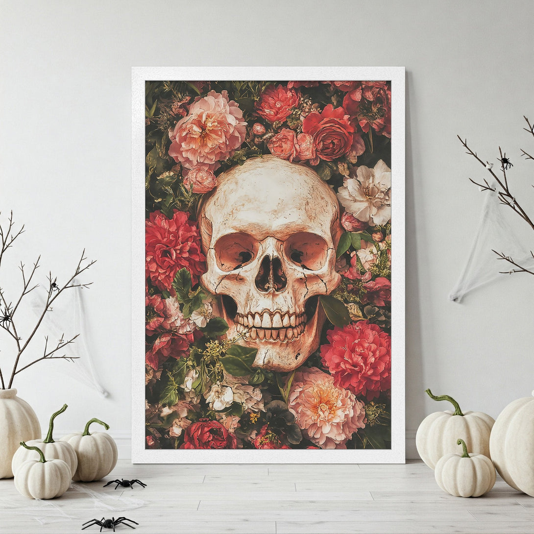 Framed Poster featuring a skull and floral arrangement in a vintage style with a red and beige color palette. Spooky decor.