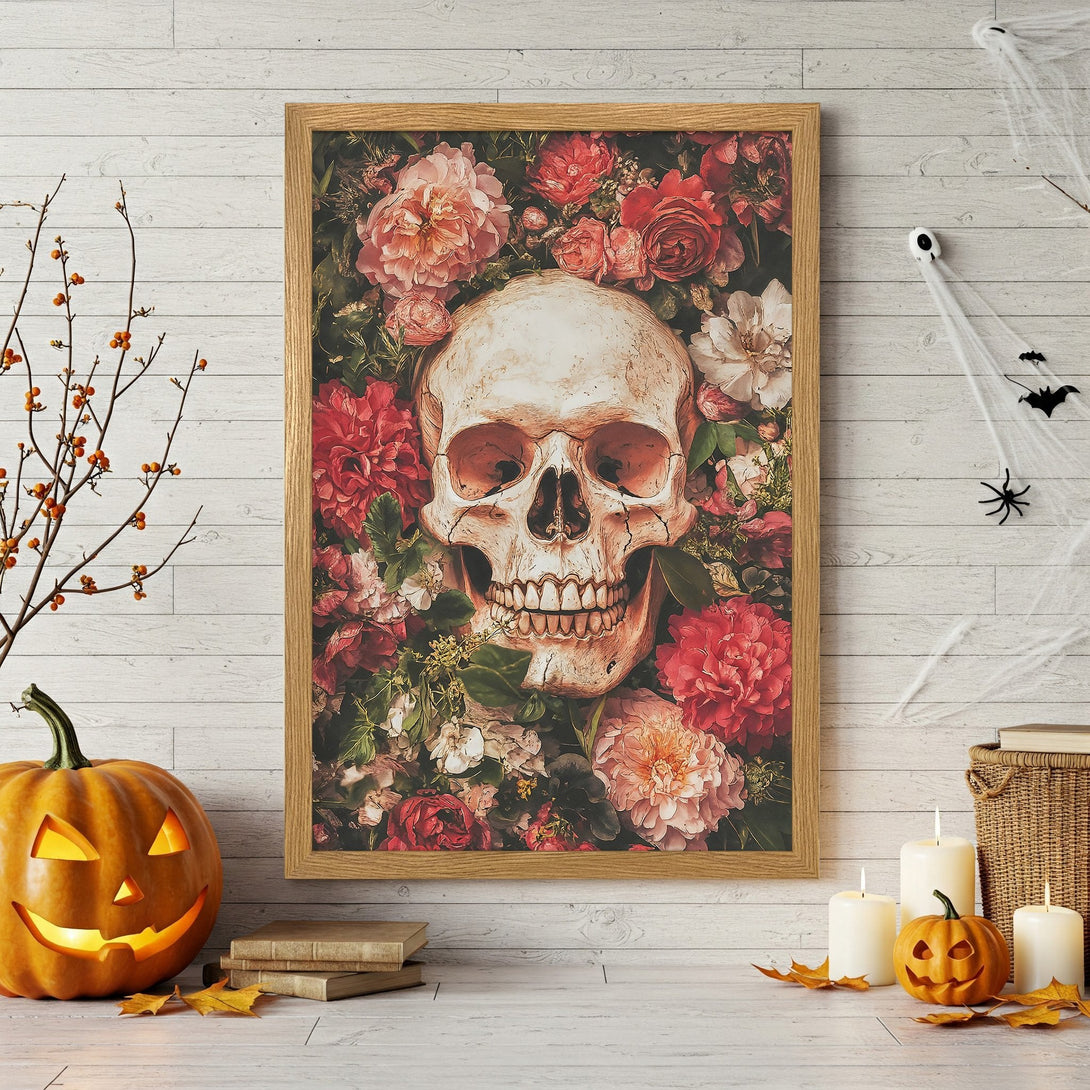 Framed Poster: Skull and floral art print. Gothic style, featuring red, pink, and green tones. Perfect Halloween decor!