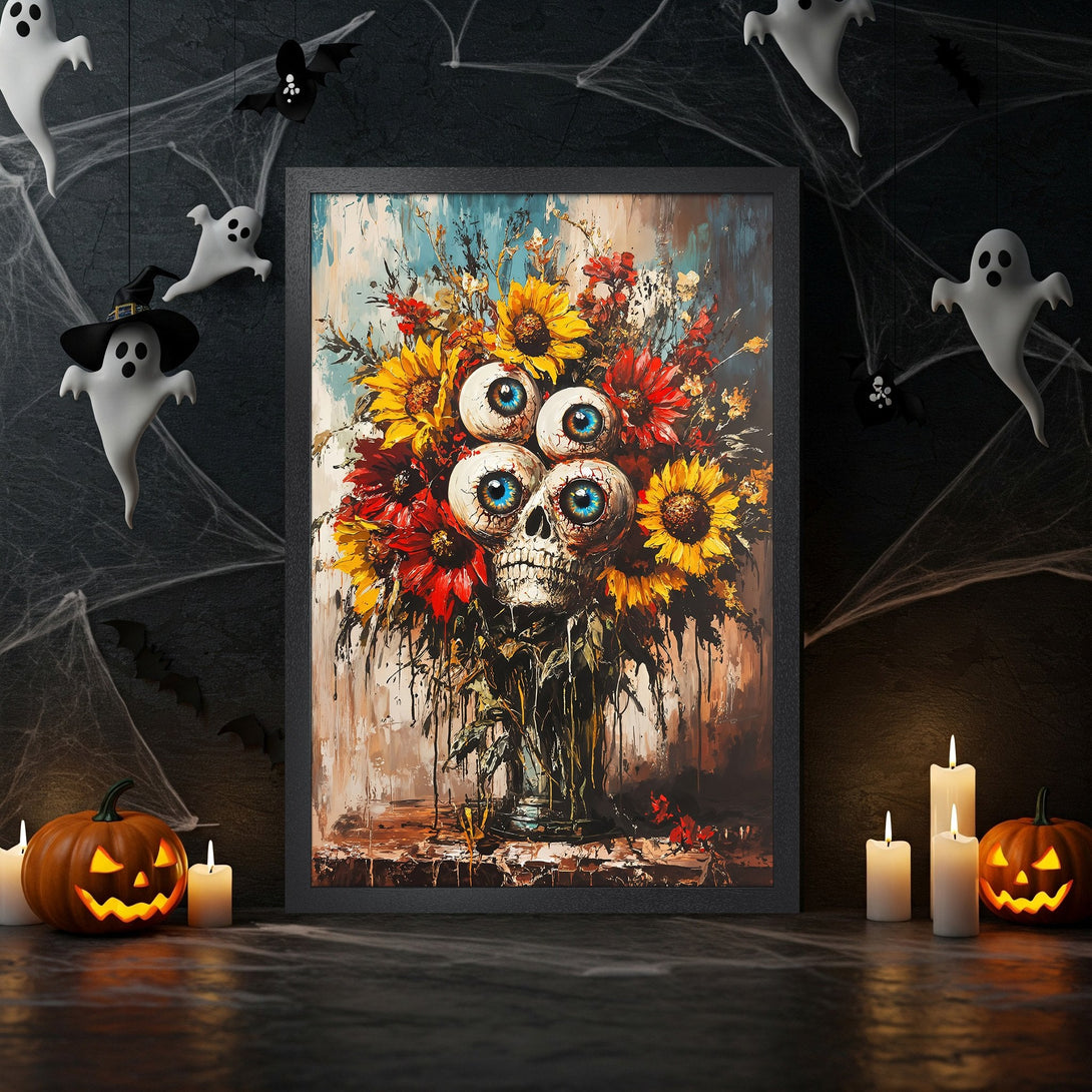 Framed Poster: Spooky floral skull art in a dark, moody style with a red, yellow, and blue color palette. Perfect Halloween decor!