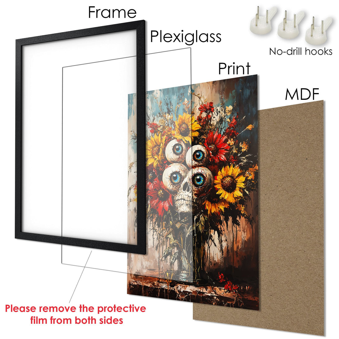Framed Poster featuring a floral skull art print in a dark, moody style with a warm color palette. Ready to hang!