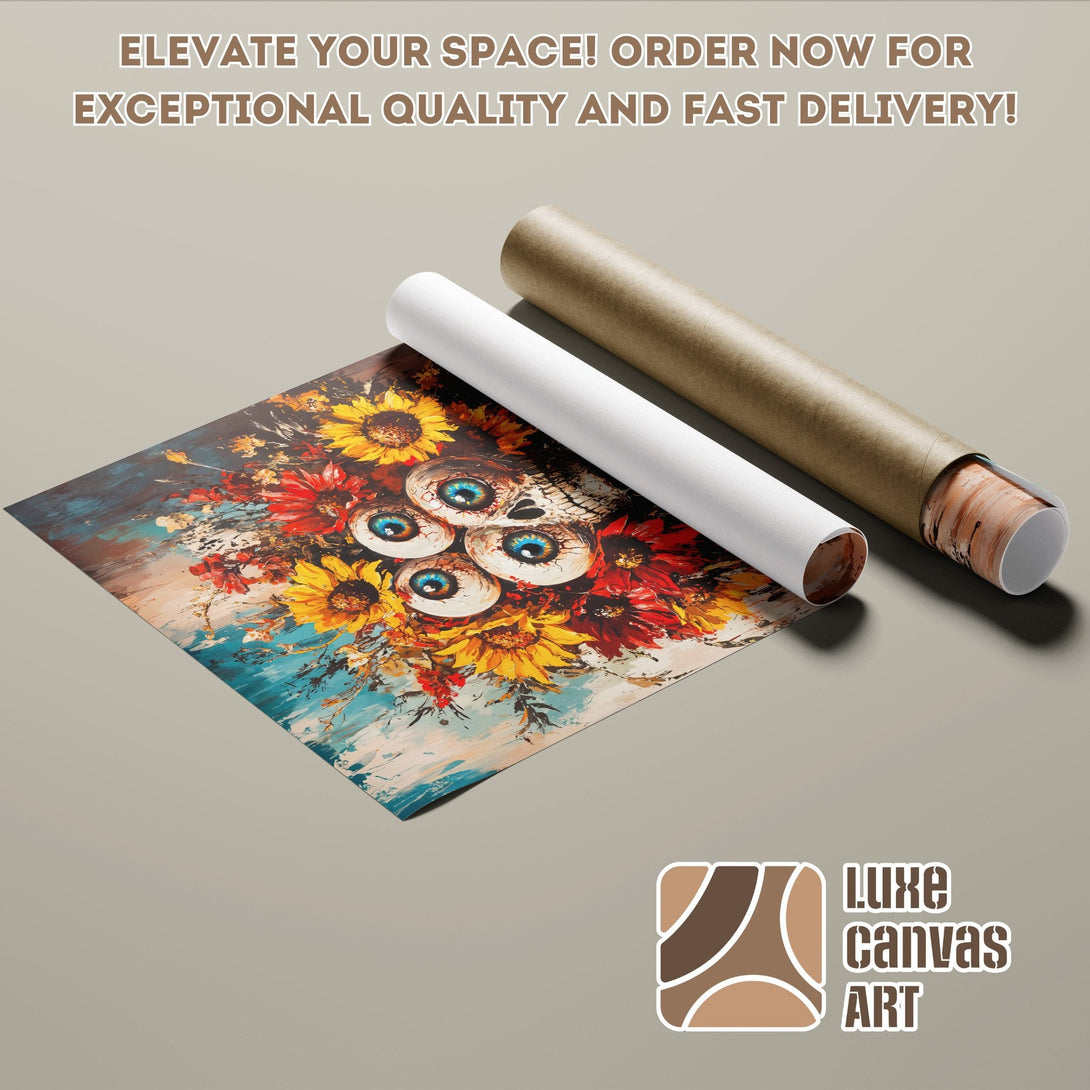Abstract floral Poster Roll art with skull and eye details. Vibrant colors, perfect for home decor. Order now!