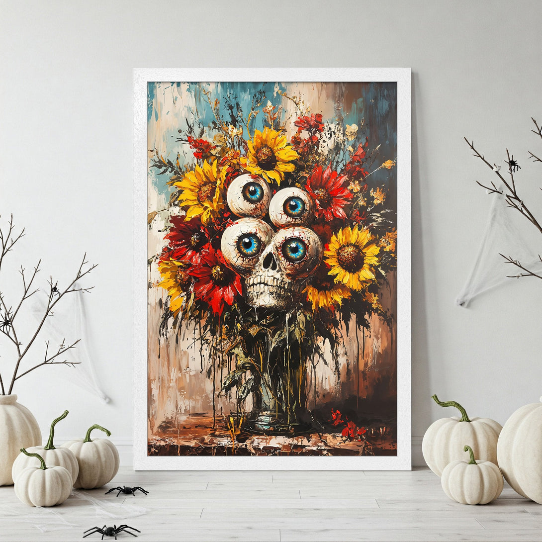 Framed Poster featuring a spooky skull floral arrangement in a vibrant, impressionistic style with a warm, autumnal color palette.