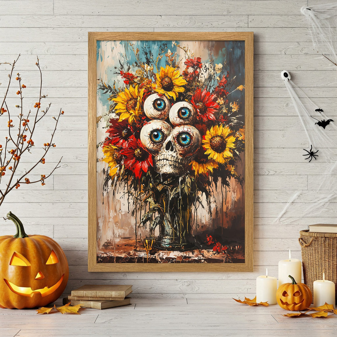 Framed Poster featuring a spooky floral skull. Artistic, oil painting style with a vibrant, autumnal color palette. Perfect Halloween decor!