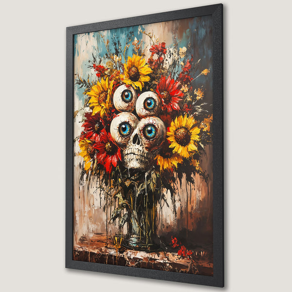 Framed Poster featuring a surreal skull and floral arrangement in an expressive style with a warm, vibrant color palette.