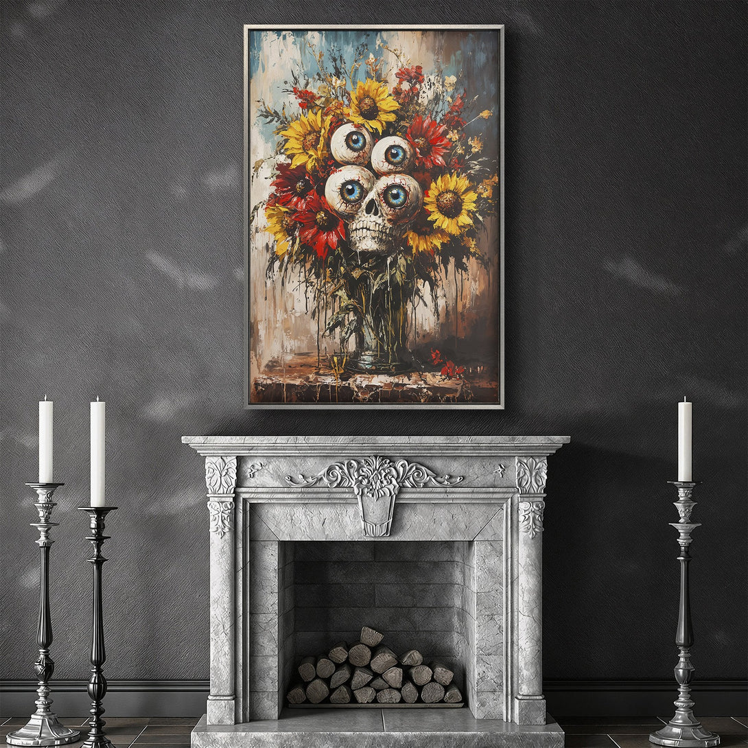 Framed Wall Art: Spooky skull floral arrangement in vibrant red, yellow, and blue hues. Gothic style Canvas Print adds unique, artistic flair to any space.