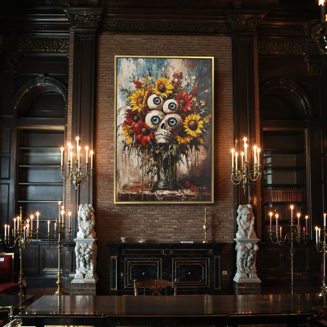 Spooky Canvas Print: Floral skull art in vibrant red, yellow, and blue. Perfect Halloween decor for your home. Expressive, unique wall art.