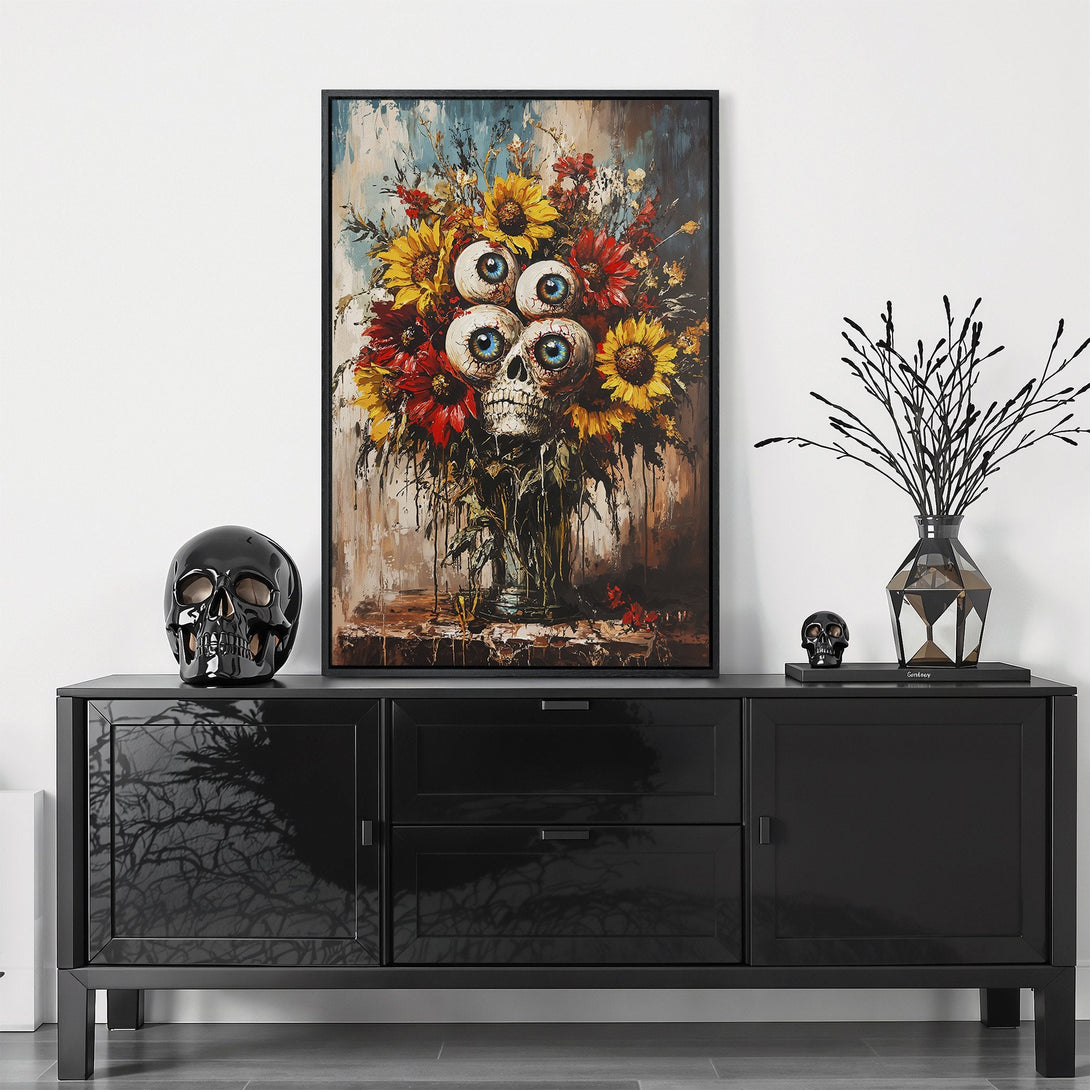 Framed Wall Art: Unique floral skull canvas print in vibrant red, yellow, and blue hues. Modern art for a bold interior statement. Shop now!