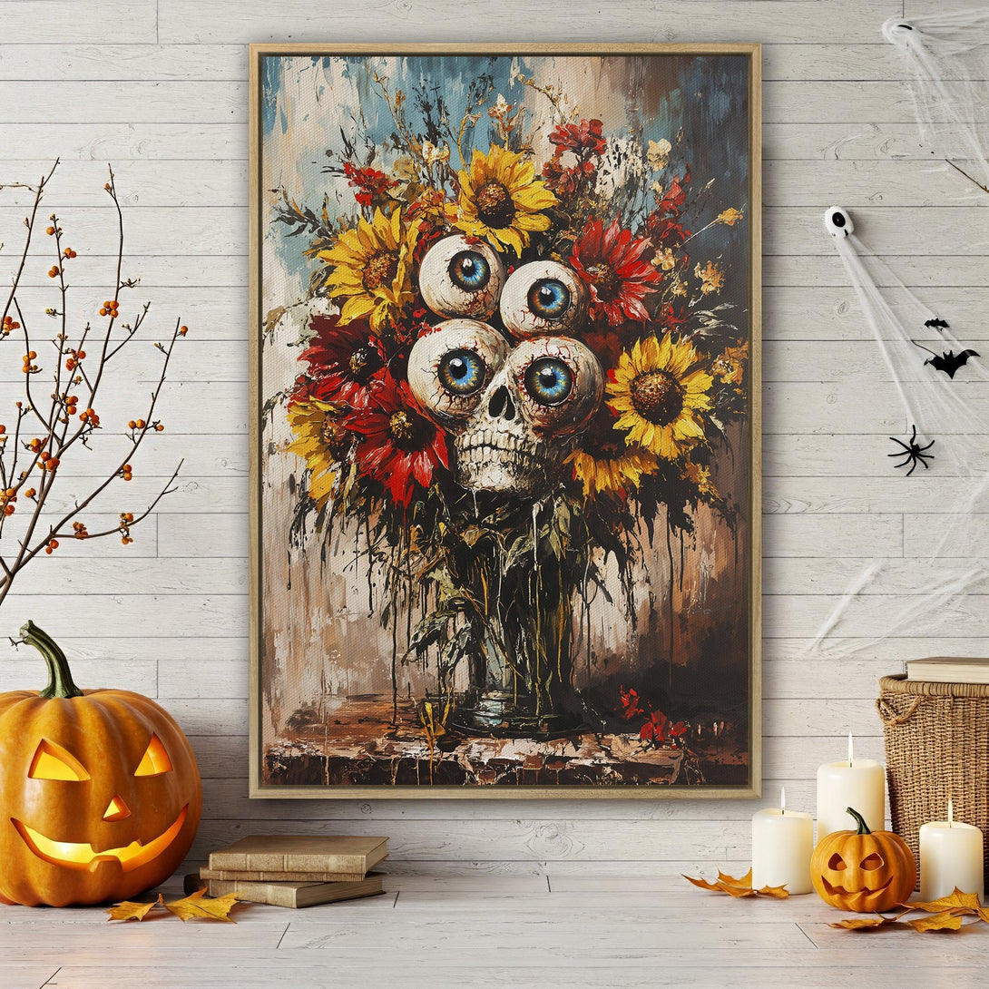 Framed Wall Art: Spooky Halloween floral still life canvas print with skull, sunflowers & red flowers. Dramatic, colorful art for your home decor.
