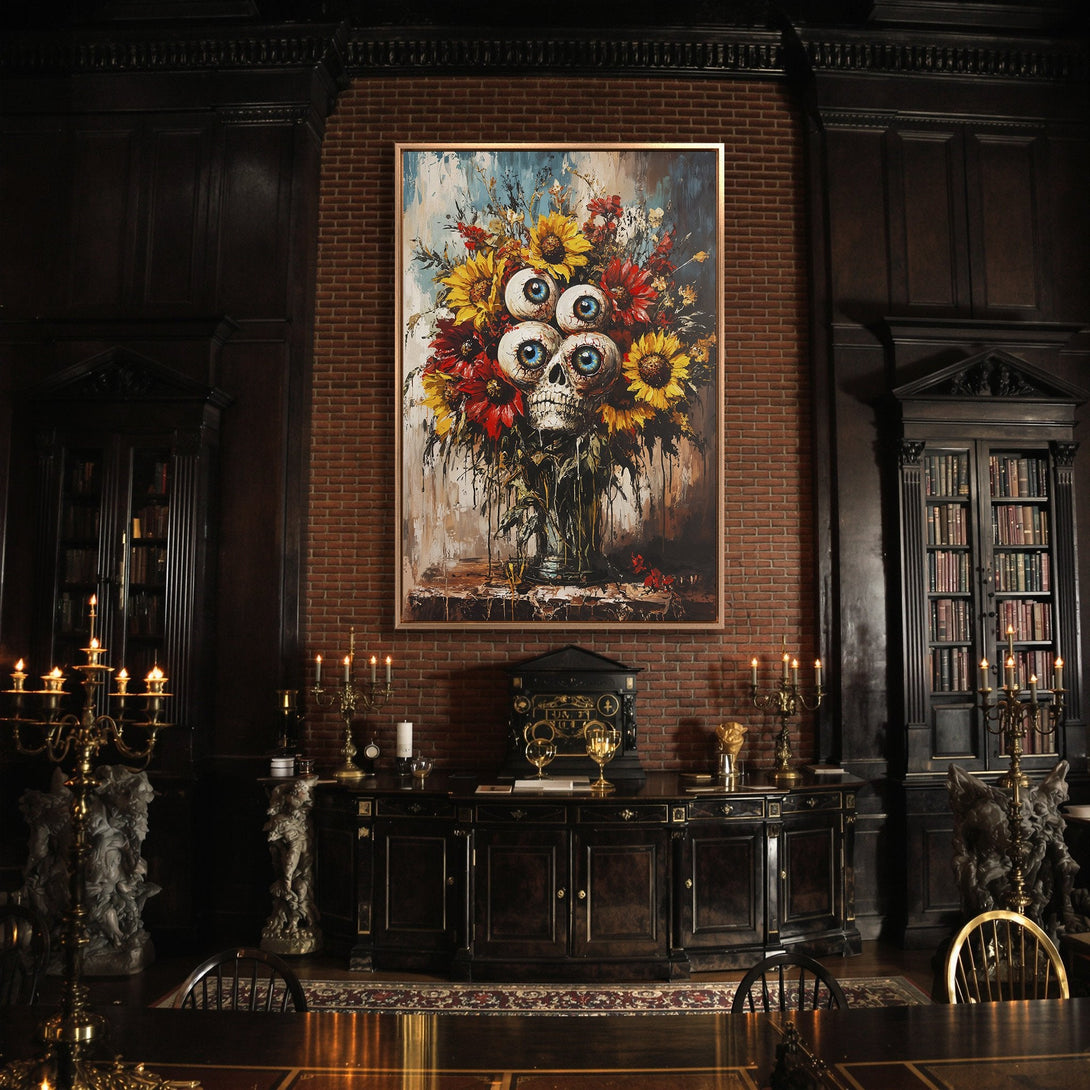 Framed Wall Art: Eerie skull and flower painting in a dark interior. Bold colors on canvas create a unique gothic aesthetic. Perfect for statement decor.