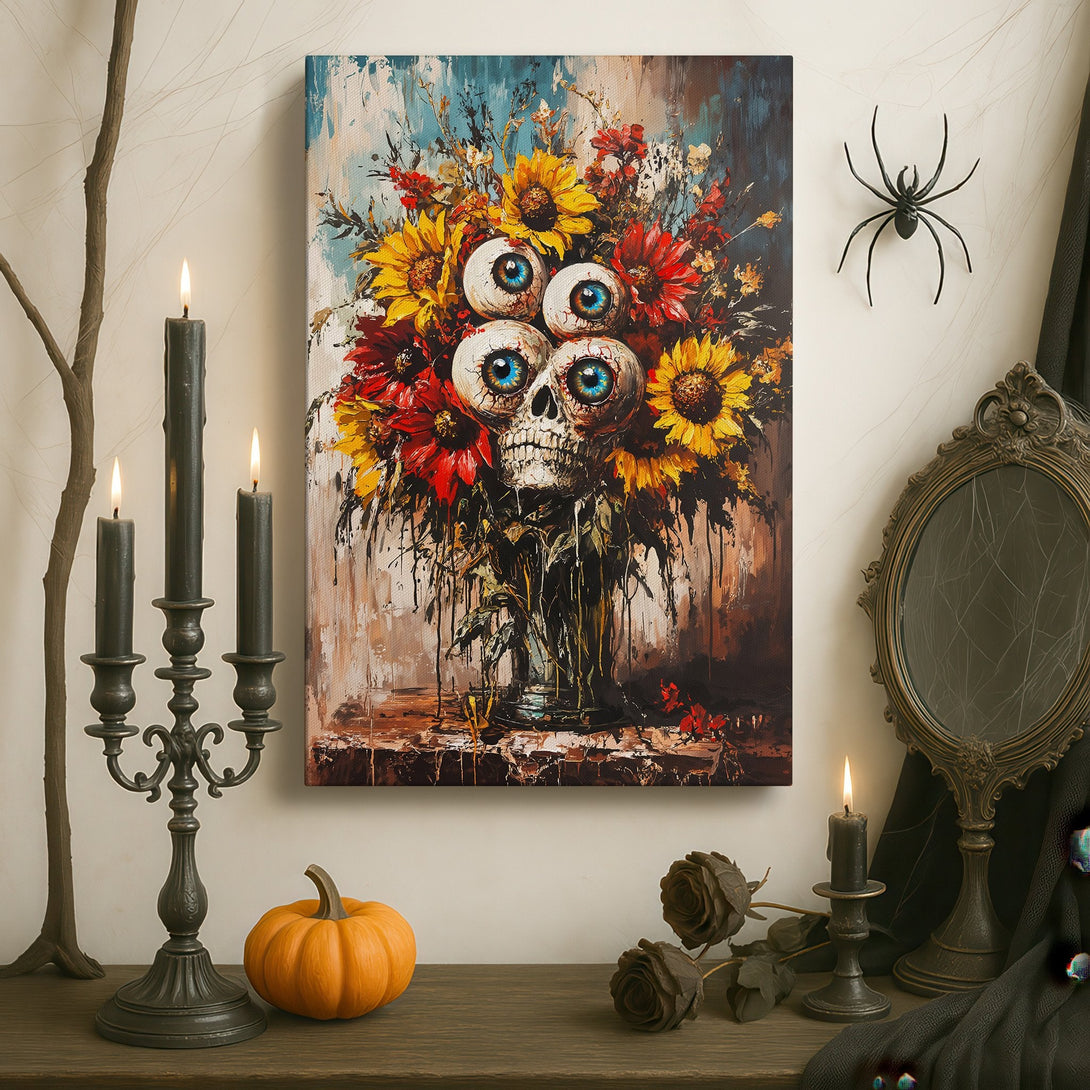 Framed Wall Art: Unique floral skull painting with vibrant colors, displayed in a luxurious interior. Modern art canvas print for statement decor.