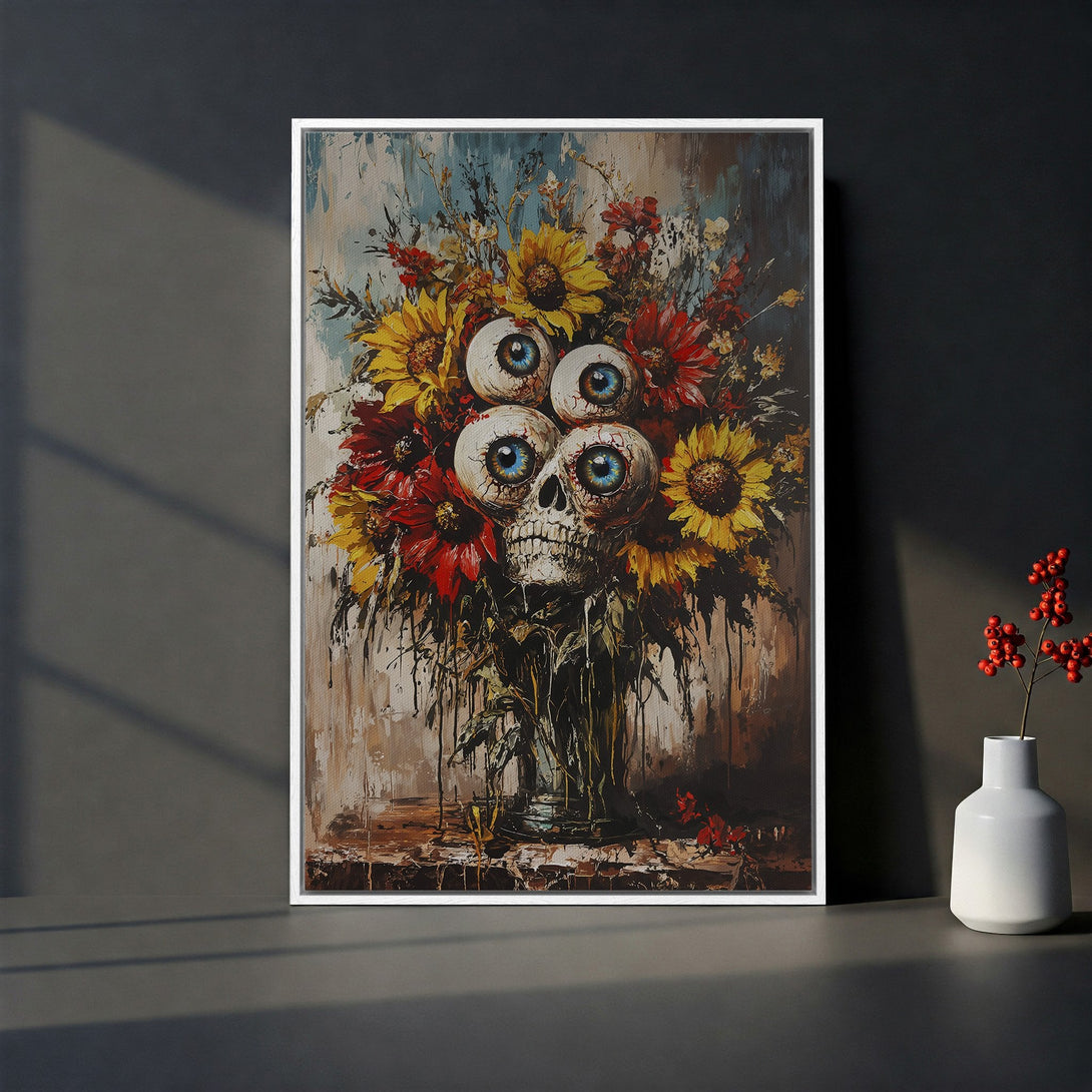Framed Wall Art: Unique floral skull painting in a dark, moody style. Features red, yellow, and blue hues. Perfect for adding a touch of edgy decor.