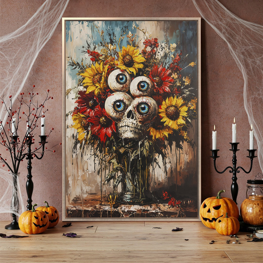 Framed Wall Art: Spooky skull floral painting with sunflowers, red flowers, and blue eyes. Halloween-themed decor in a warm, moody color palette.