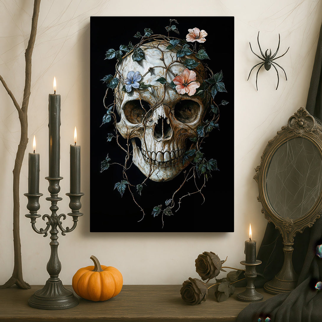 Framed Wall Art featuring a skull with floral accents. Dark, gothic style with a black, white, and muted color palette. Perfect for adding a unique touch to your space.