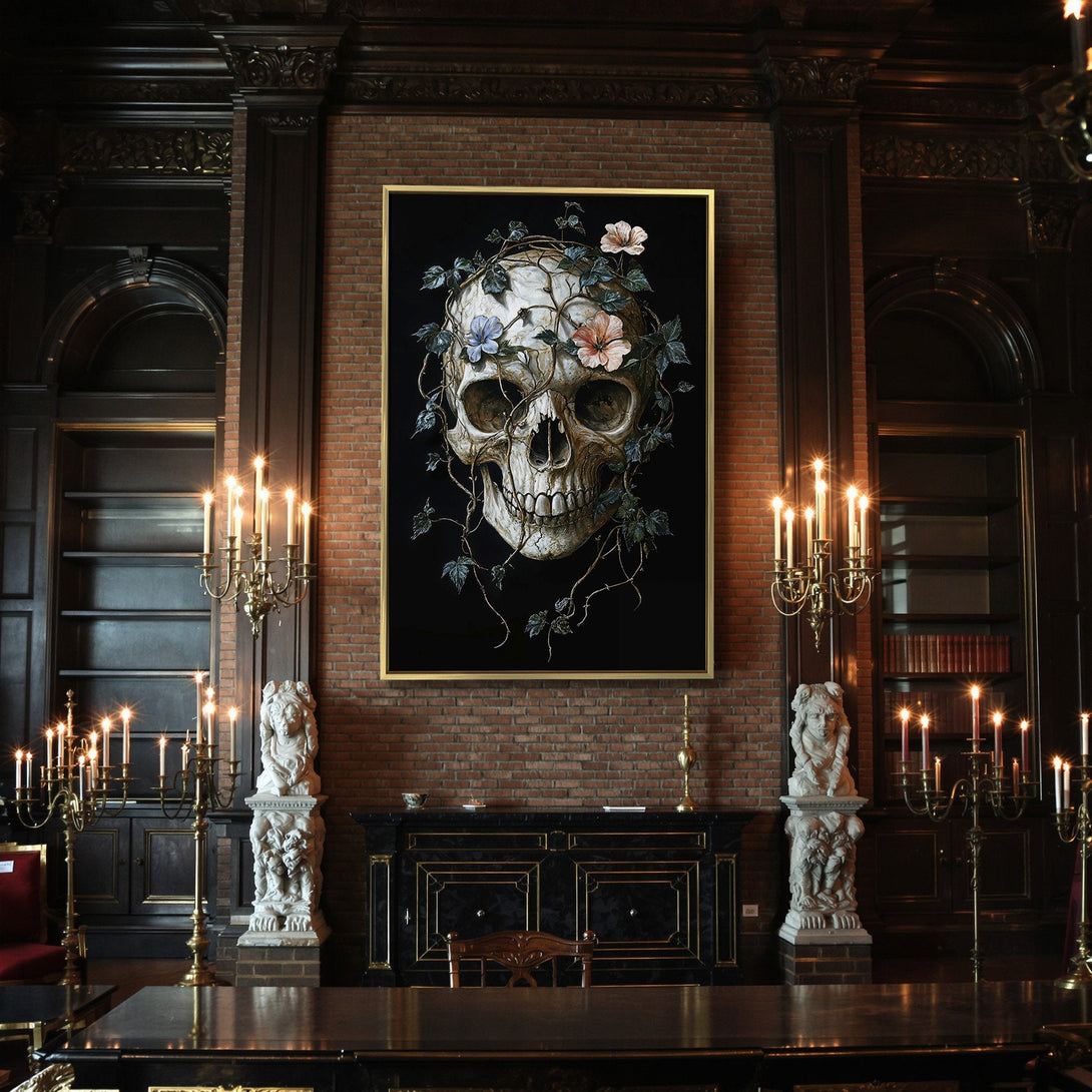 Canvas Print: Gothic skull art with floral accents, dark and moody color palette. Perfect Halloween decor or unique wall art.