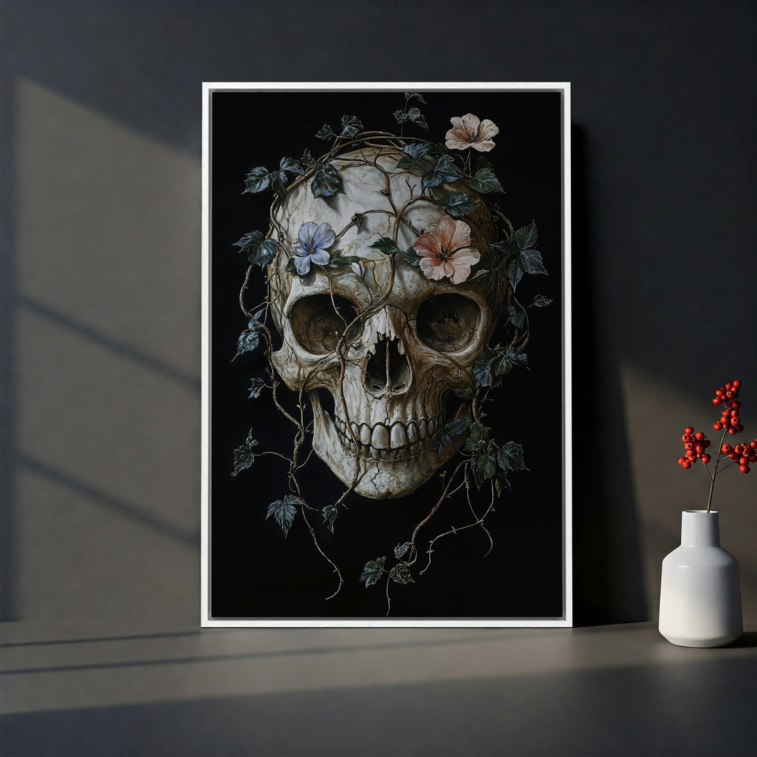 Framed Wall Art: Gothic skull with flowers on black background. Dark, moody art in neutral tones. Perfect for adding a touch of edgy elegance to your home.