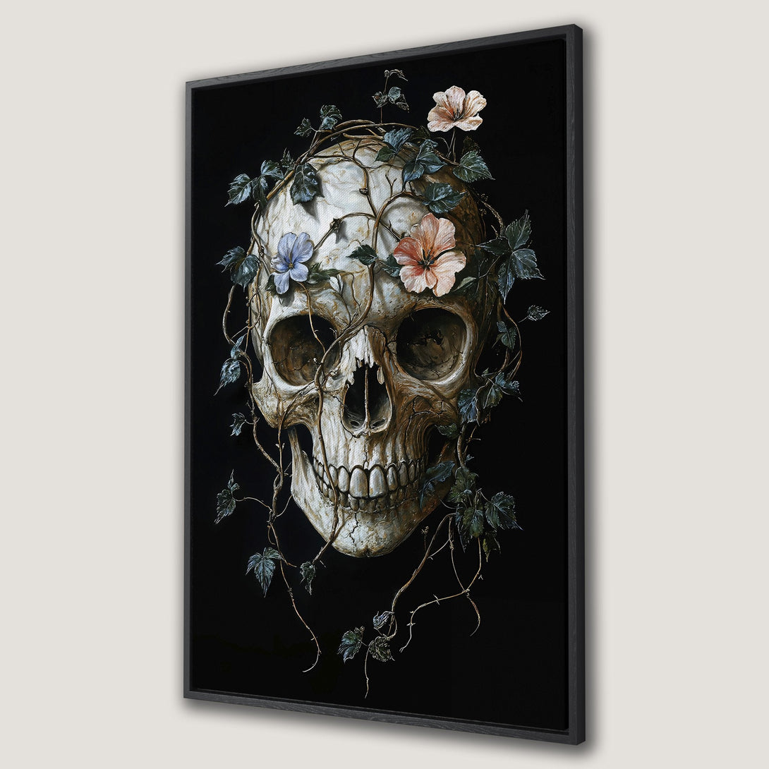 Framed Wall Art featuring a skull with floral vines on a black background. Gothic style with muted earth tones and pops of color.