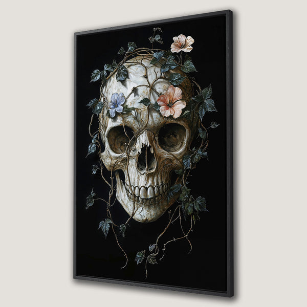 Framed Wall Art featuring a skull with floral vines on a black background. Gothic style with muted earth tones and pops of color.