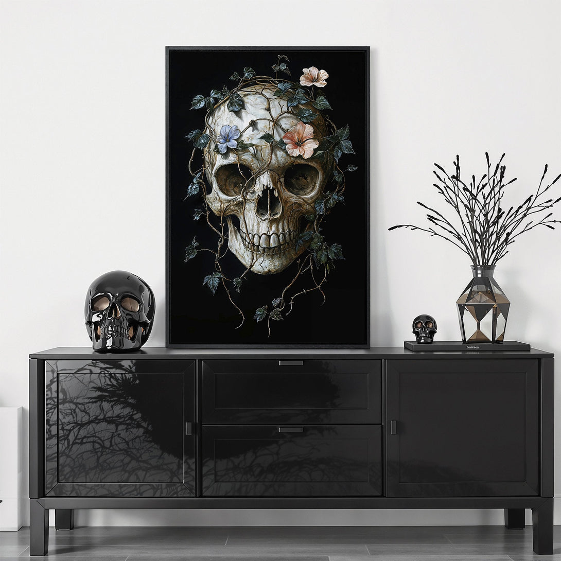 Framed Wall Art featuring a skull with floral vines, dark and moody aesthetic, neutral and black color palette, perfect for gothic home decor.